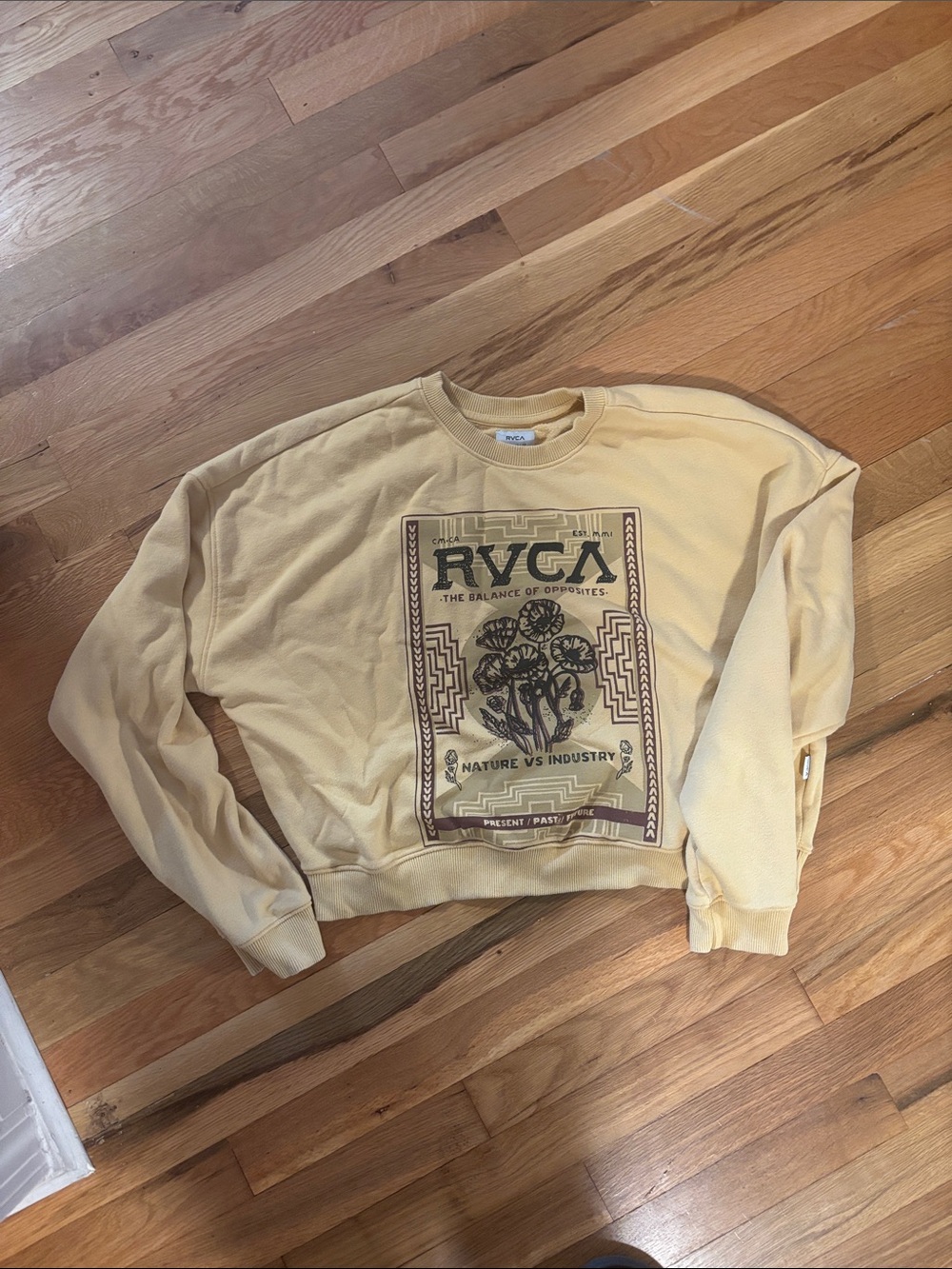 RVCA Yellow Graphic Crewneck Sweatshirt with Brown Print